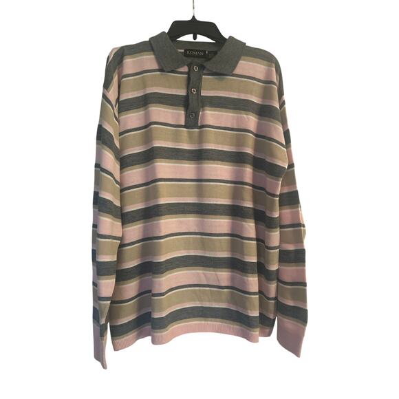 GUC Koman Sport Men's Collared 3 Button Green/Pink Stripe Sweater Size Large - Picture 1 of 5